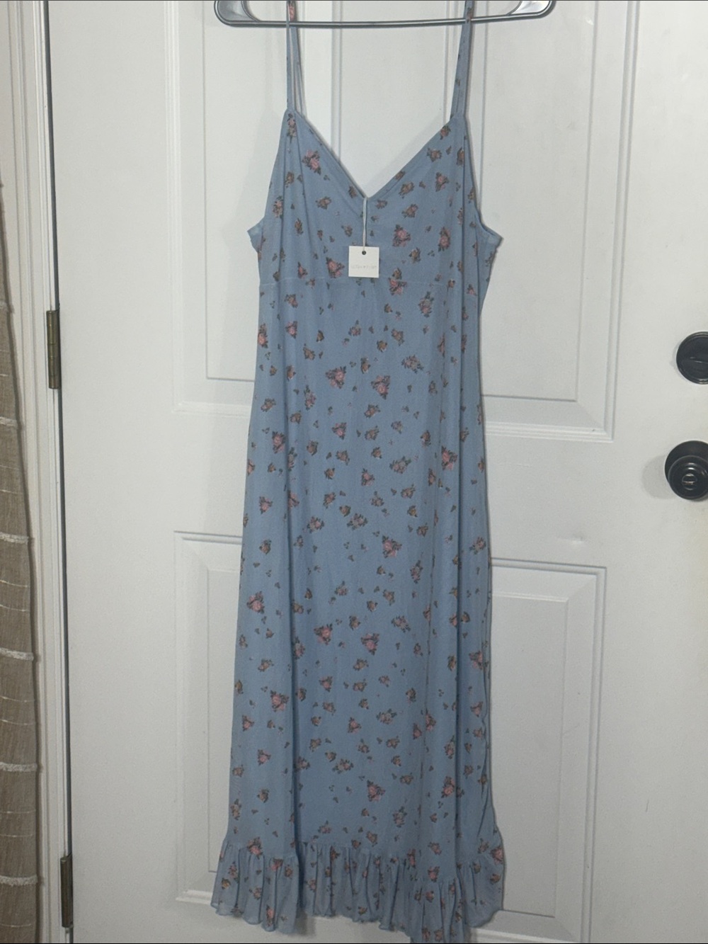 Boutique Dress Light Blue Floral Slip Dress with Ruffled Hem